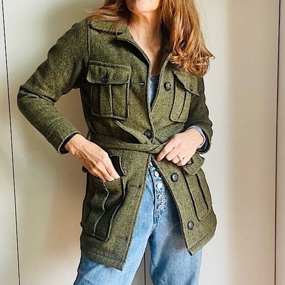 Vintage Wool Military Style Womens Olive Green Coat SZ XS Belted Gopcore Utility - Picture 11 of 11